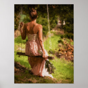 Vrouw op een schommel met bloemen poster
