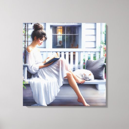  vrouw op een veranda schommel met kat canvas afdruk (Voorkant)