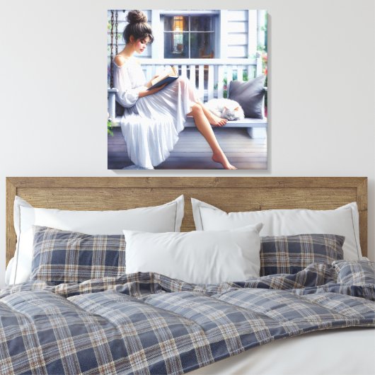  vrouw op een veranda schommel met kat canvas afdruk (Insitu (Slaapkamer))