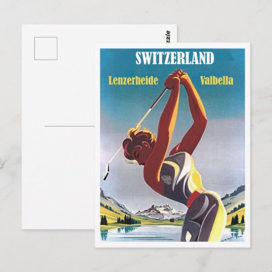 Vrouw op golf in Zwitserland, Lenzerheide, Valbell Briefkaart (Voorkant / Achterkant)
