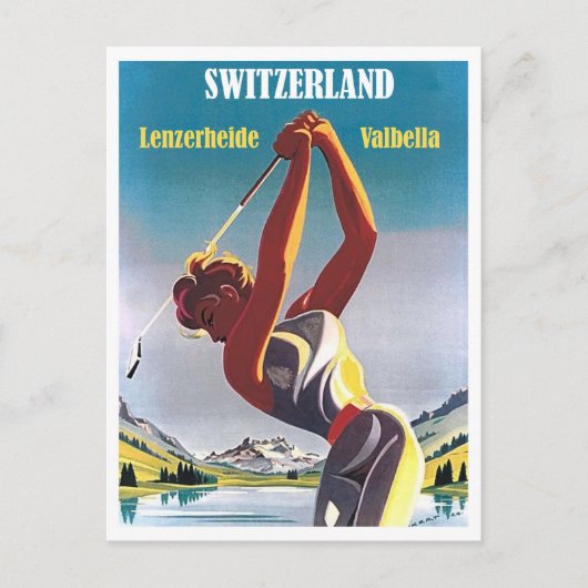 Vrouw op golf in Zwitserland, Lenzerheide, Valbell Briefkaart (Voorkant)