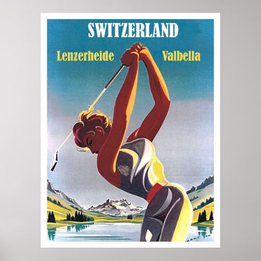 Vrouw op golf in Zwitserland, Lenzerheide, Valbell Poster (Voorkant)