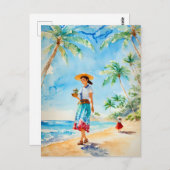 Vrouw op Hawaii Beach Waterverf schilderij,  Briefkaart (Voorkant / Achterkant)