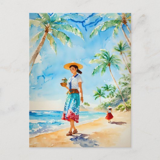 Vrouw op Hawaii Beach Waterverf schilderij,  Briefkaart (Voorkant)