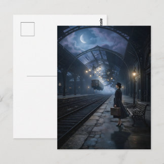 Vrouw op het sprookjestrainstation briefkaart