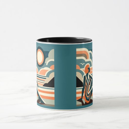 Vrouw op het strand bij Sunset Art Deco Design Mok (Midden)