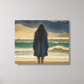 Vrouw op het strand die uitkijkt over zee canvas afdruk (Voorkant)