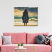 Vrouw op het strand die uitkijkt over zee canvas afdruk (Insitu (Woonkamer))