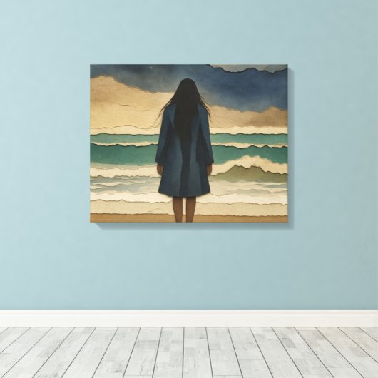 Vrouw op het strand die uitkijkt over zee canvas afdruk (Insitu (Houten vloer))