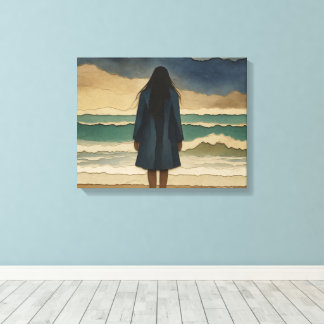 Vrouw op het strand die uitkijkt over zee canvas afdruk