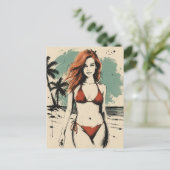 Vrouw op het strand in bikini briefkaart (Staand voorkant)