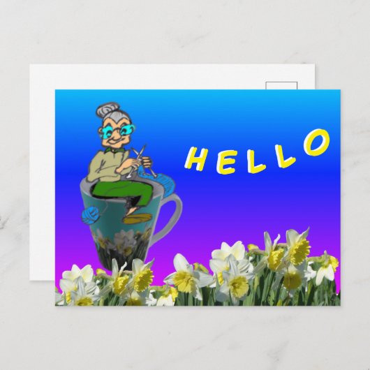 Vrouw op Mok Daffodils HALLO Briefkaart (Voorkant / Achterkant)