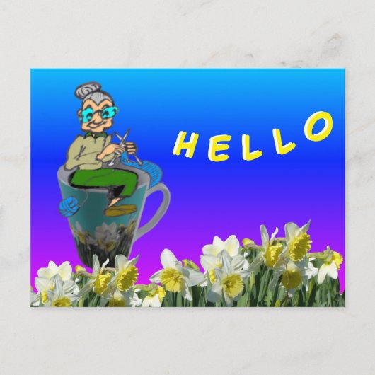 Vrouw op Mok Daffodils HALLO Briefkaart (Voorkant)
