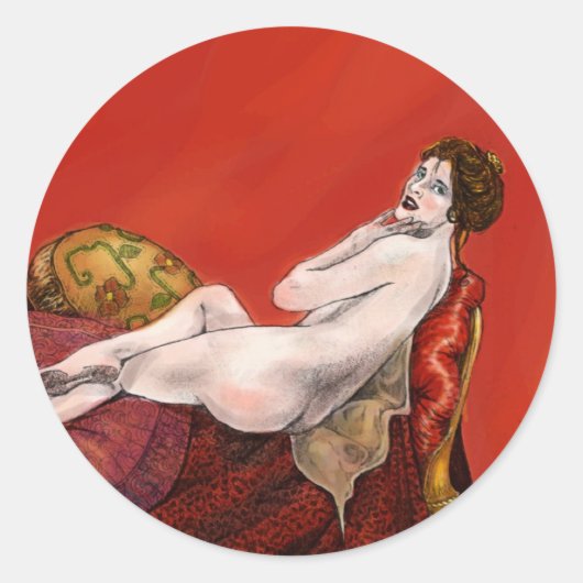 Vrouw op Rode Sofa Ronde Sticker (Voorkant)