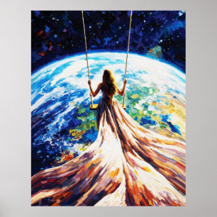 Vrouw op Schommel Boven Aarde Impasto Olie Schilde Poster