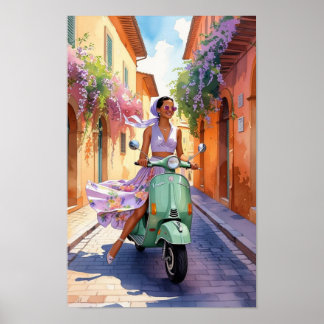 vrouw op scooter in Rome - Retro Travel Poster