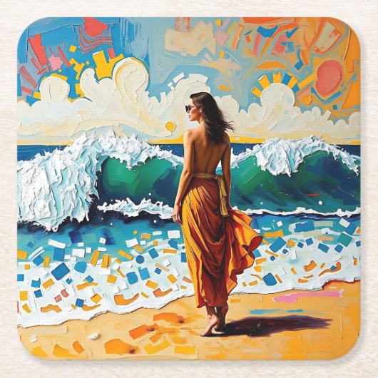 Vrouw op strand Abstract kustkunst Kartonnen Onderzetters (Voorkant)