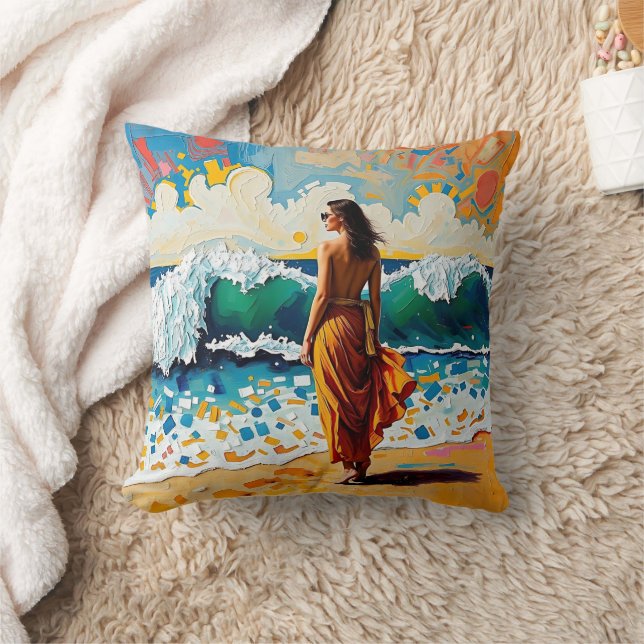 Vrouw op strand Abstract kustkunst Persoonlijk Kussen (Deken)