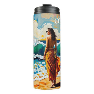 Vrouw op strand Abstract kustkunst Persoonlijk Thermosbeker