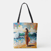 Vrouw op strand Abstract kustkunst Persoonlijk Tote Bag (Achterkant)