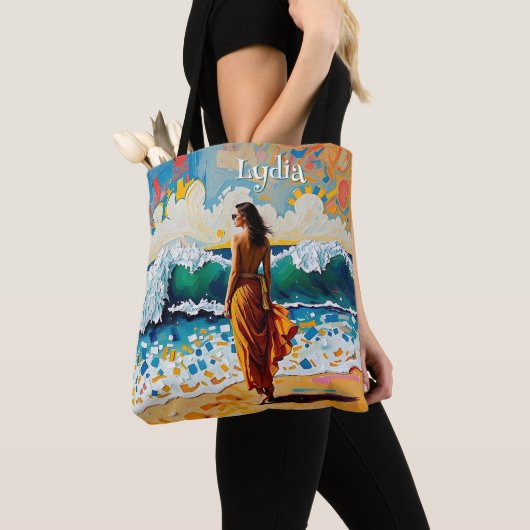 Vrouw op strand Abstract kustkunst Persoonlijk Tote Bag (Dichtbij)