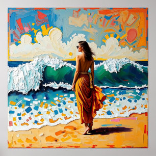 Vrouw op strand Abstract kustkunst Poster
