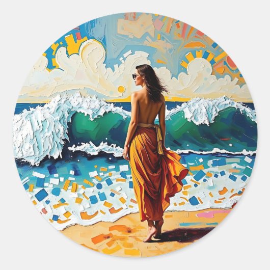 Vrouw op strand Abstract kustkunst Ronde Sticker (Voorkant)