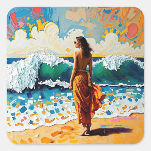 Vrouw op strand Abstract kustkunst Vierkante Sticker