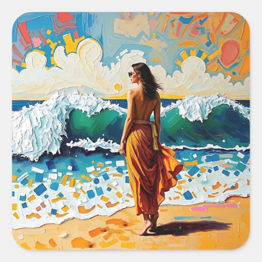 Vrouw op strand Abstract kustkunst Vierkante Sticker (Voorkant)