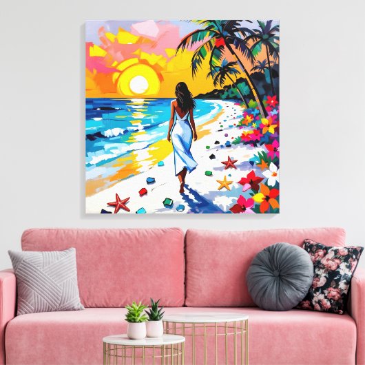 Vrouw op strand Tropisch decor Canvas Afdruk (Insitu (Woonkamer))