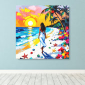 Vrouw op strand Tropisch decor Canvas Afdruk (Insitu (Houten vloer))