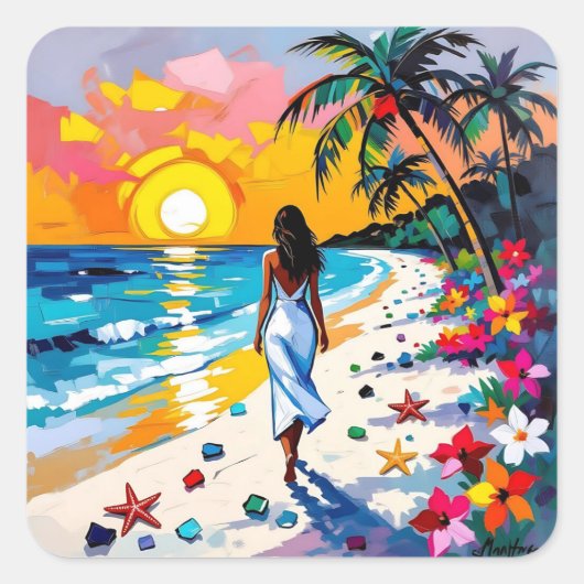 Vrouw op strand Tropisch decor Vierkante Sticker (Voorkant)