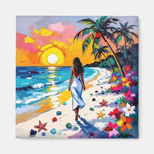 Vrouw op strand Tropisch tafereel Magneet (Voorkant)