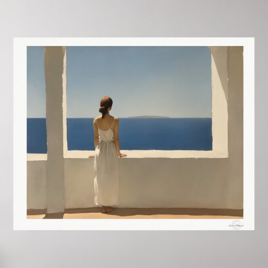 Vrouw op terras met uitzicht op zee poster (Voorkant)