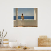 Vrouw op terras met uitzicht op zee poster (Keuken)