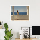 Vrouw op terras met uitzicht op zee poster (Thuiskantoor)