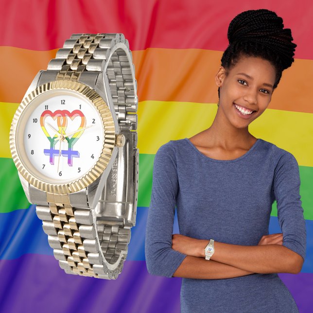 Vrouw Paar Pride Symbolen Regenboogvlag Horloge (Female Couple Pride Symbols Rainbow Flag Watch)