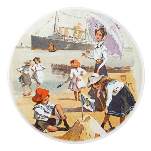 Vrouw ~ Paraplu ~ Kinderen ~ Hamburg-Amerika Lijn Keramische Knop (Voorkant)