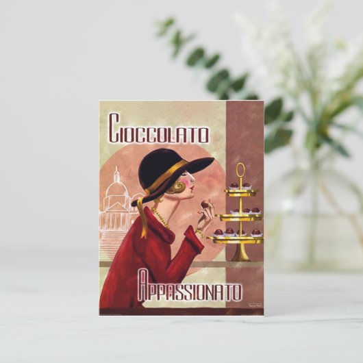 Vrouw passie voor chokolaat,  grappig briefkaart (Staand voorkant)