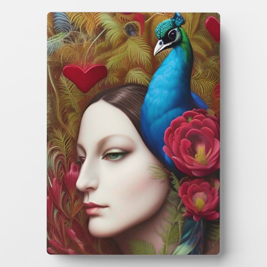 Vrouw, Peacock, Rode bloemen en hart Fotoplaat (voorkant)