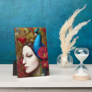 Vrouw, Peacock, Rode bloemen en hart Fotoplaat