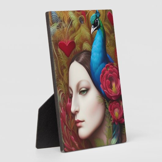 Vrouw, Peacock, Rode bloemen en hart Fotoplaat (Zijkant)