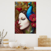 Vrouw, Peacock, Rode bloemen en hart Poster (Keuken)