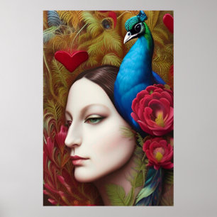 Vrouw, Peacock, Rode bloemen en hart Poster