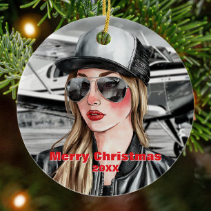 Vrouw Piloot & Cessna Vliegtuig, waterverf Kerst Keramisch Ornament
