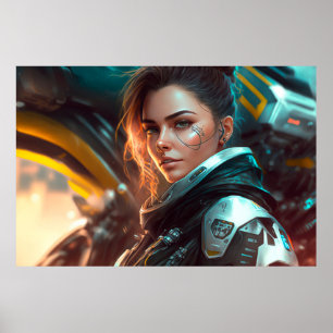 Vrouw Piloot in een stad van de toekomst Poster