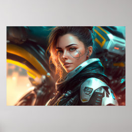 Vrouw Piloot in een stad van het toekomstige Poste Poster