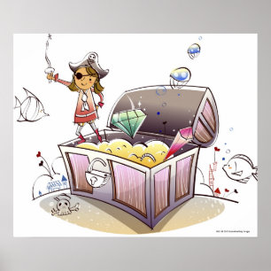Vrouw piraat op een schatkist poster