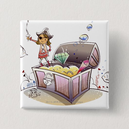 Vrouw piraat op een schatkist vierkante button 5,1 cm (Voorkant)