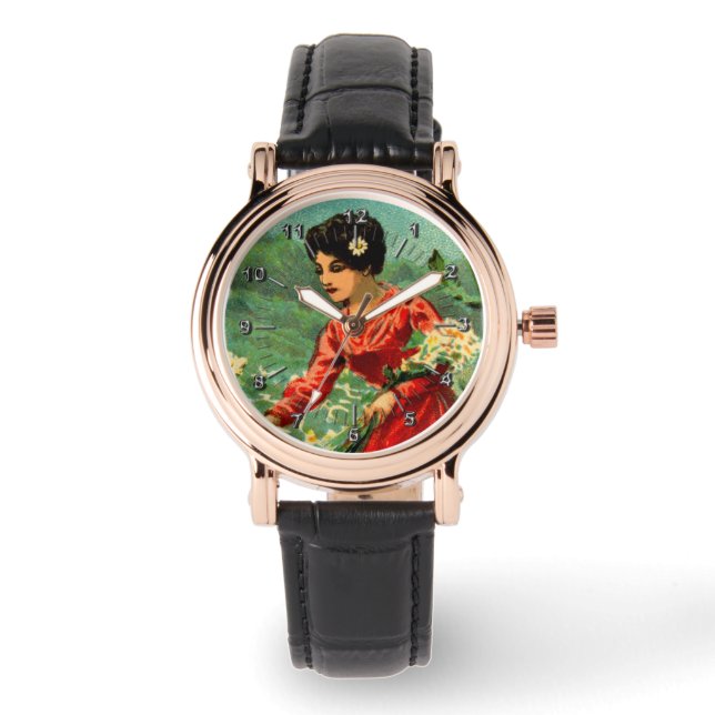 Vrouw plukken bloemen  horloge (Voorkant)